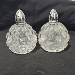 Vintage Irice Crystal Cut Glass Salt & Pepper Shaker Set w/Silver-Tone Tops